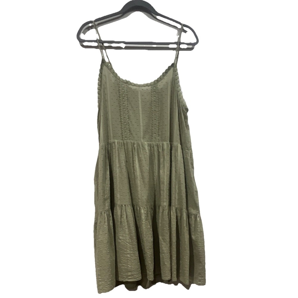 Sweet Wanderer Sage Green Swiss Dot Tiered Mini Dress Lace Trim Large